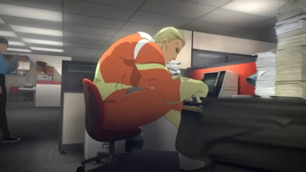 Unnamed orange suited hero in Dispatch sitting behind a desk on a chair too small for him, office