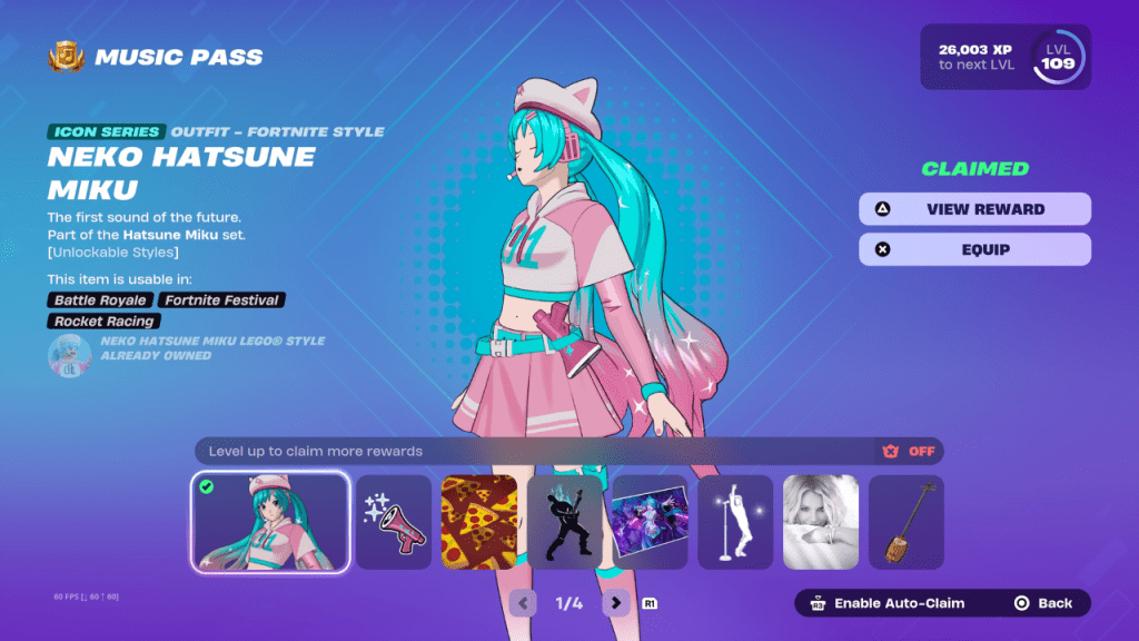 Neko Hatsune Miku Skin en el festival Fortnite Festival temporada 7 Pase de música