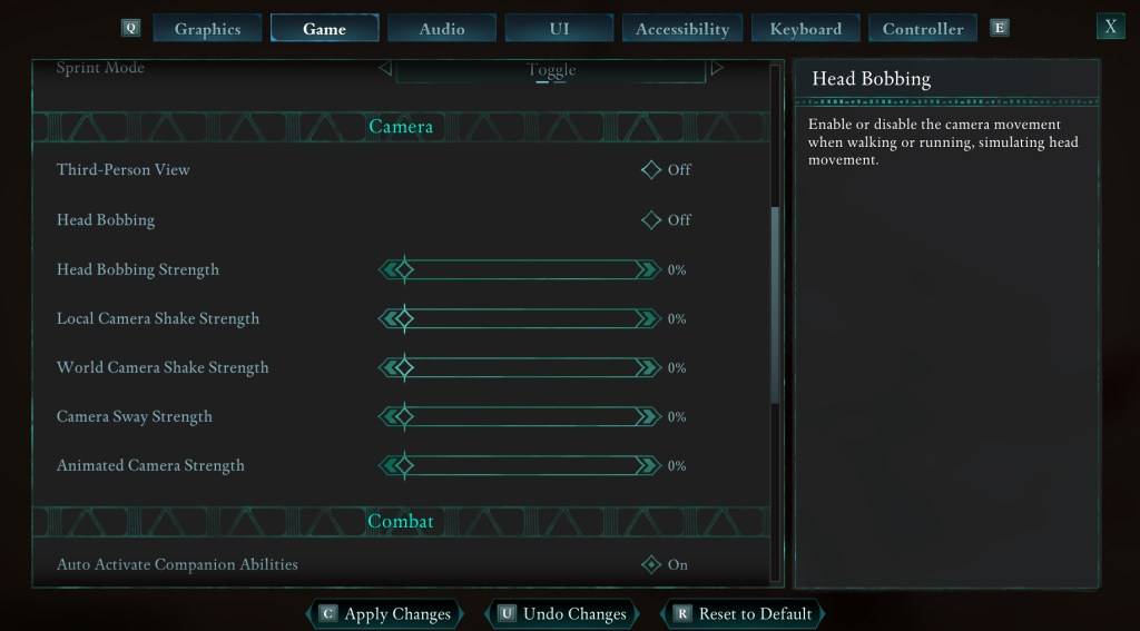 Avowed Settings Menu