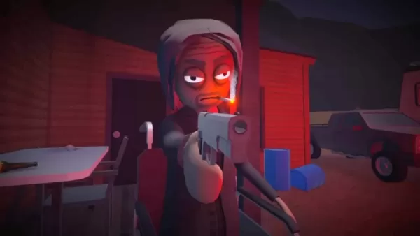 Tío Aaron de Schedule 1 apuntando con una pistola, por la noche con una casa detrás