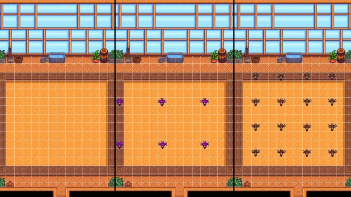 Dentro del invernadero con rociadores en Stardew Valley.