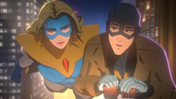 Mecha Man and Blonde Blazer from Dispatch flying, city at nighttime