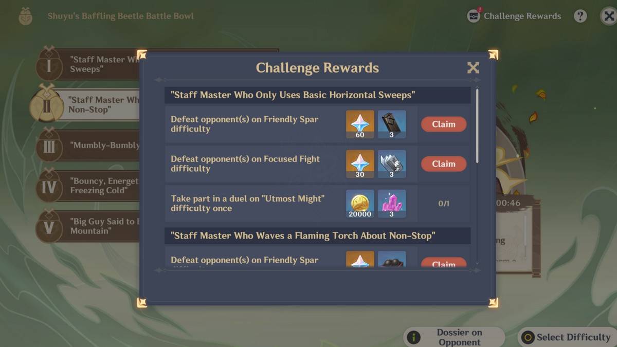 A screenshot from Genshin Impact que muestra la sección de recompensas de desafío del evento de Baffling Battle Bowl de Shuyu.
<figcaption class=