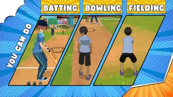 Une capture d'écran du gameplay de Gully Gangs : Le cricket de rue montrant des actions de frappe, de lancer et de réception
