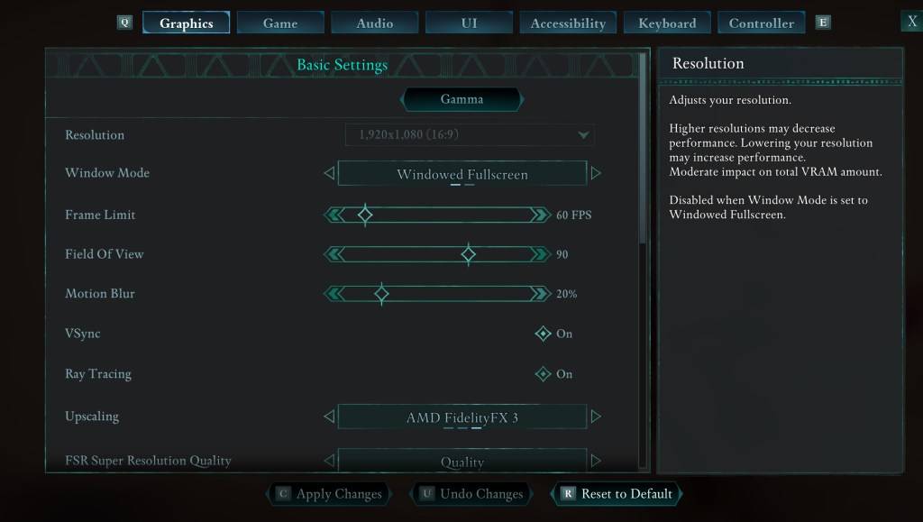 Avowed Graphics Settings Menu